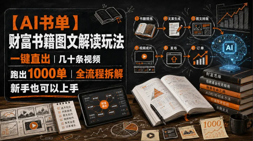 【AI书单】财富书籍图文解读玩法，一键直出，几十条视频，跑出1000单，全流程拆解，新手也可以上手-资源分享