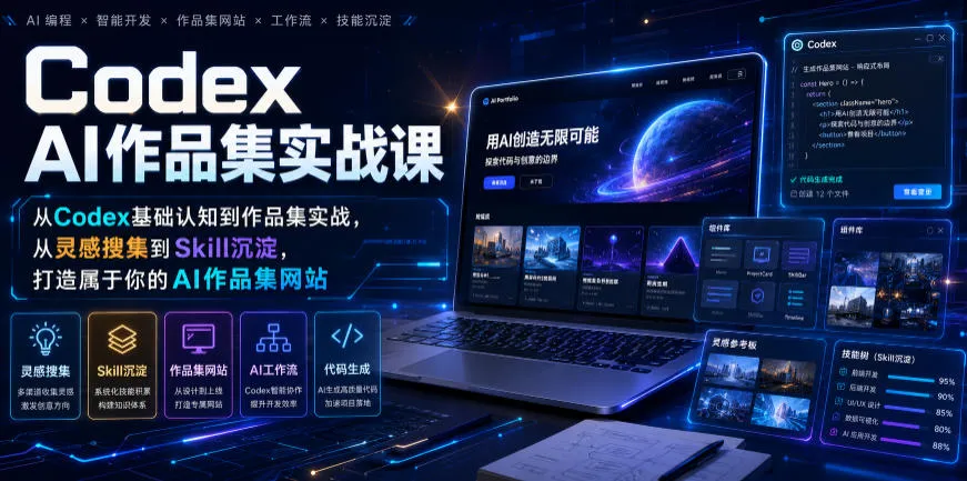 Codex AI作品集实战课，从Codex基础认知到作品集实战，从灵感搜集到Skill沉淀，打造属于你的AI作品集网站-资源分享