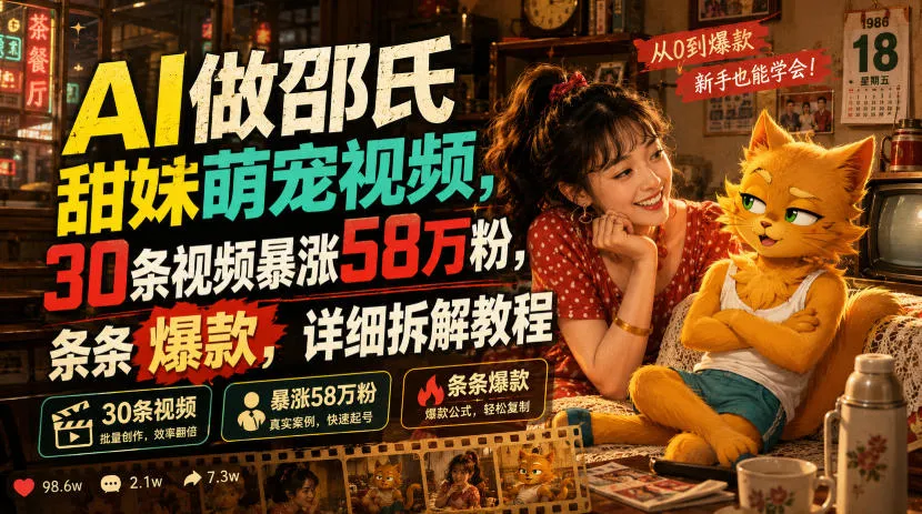 AI做邵氏甜妹萌宠视频，30条视频暴涨58万粉，条条爆款，详细拆解教程-资源分享