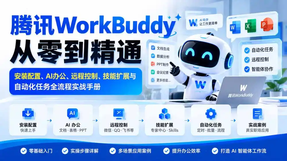 腾讯WorkBuddy从零到精通：安装配置、AI办公、远程控制、技能扩展与自动化任务全流程实战手册-资源分享