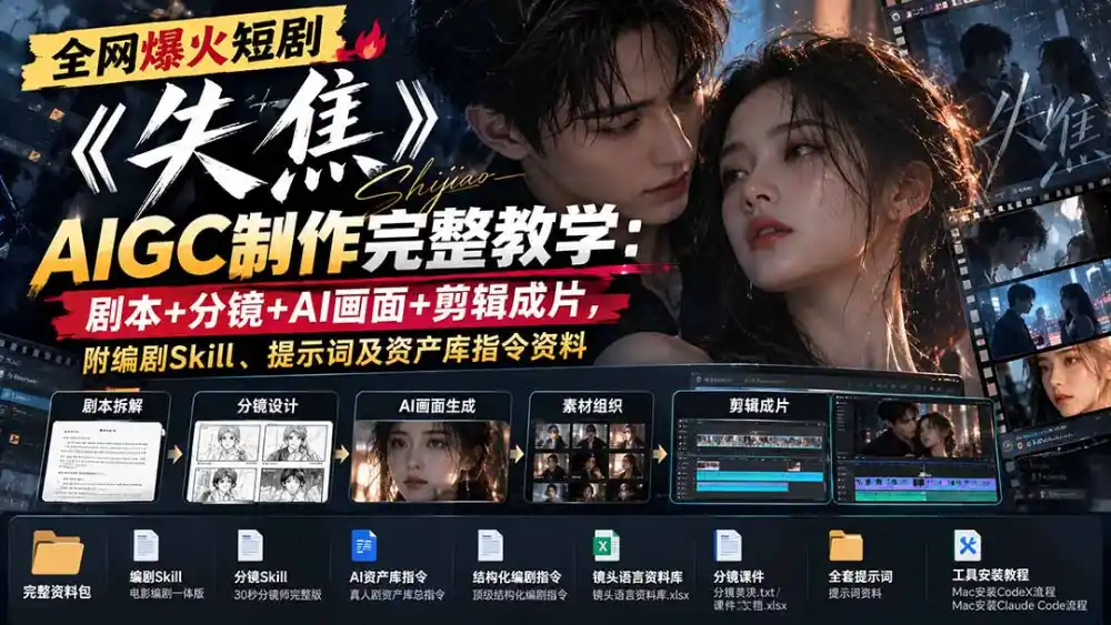 全网爆火短剧《失焦》AIGC制作完整教学：剧本+分镜+AI画面+剪辑成片，附编剧Skill、提示词及资产库指令资料-资源分享