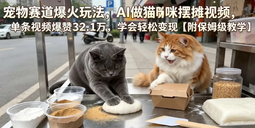 宠物赛道爆火玩法，AI做猫咪摆摊视频，单条视频爆赞32.1万，学会轻松变现【附保姆级教学】-资源分享
