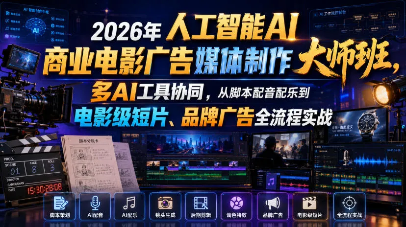 2026年人工智能AI商业电影广告媒体制作大师班，多AI工具协同，从脚本配音配乐到电影级短片、品牌广告全流程实战(中英字幕)-资源分享