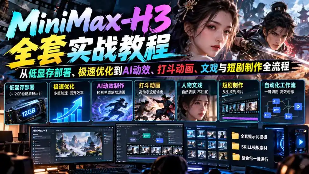 MiniMax-H3全套实战教程：从低显存部署、极速优化到AI动效、打斗动画、文戏与短剧制作全流程-资源分享