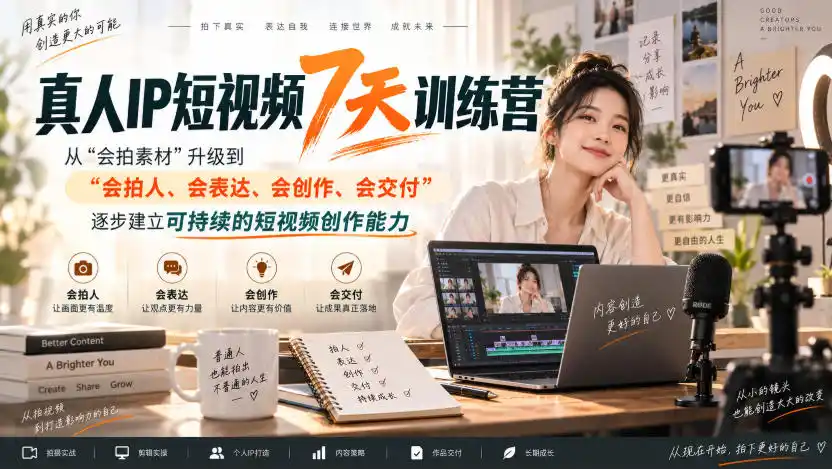真人IP短视频7天训练营，从“会拍素材”升级到“会拍人、会表达、会创作、会交付”，逐步建立可持续的短视频创作能力-资源分享