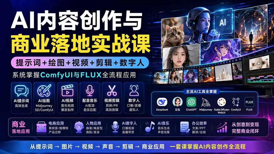 AI内容创作与商业落地实战课：提示词+绘图+视频+剪辑+数字人，系统掌握ComfyUI与FLUX全流程应用-资源分享