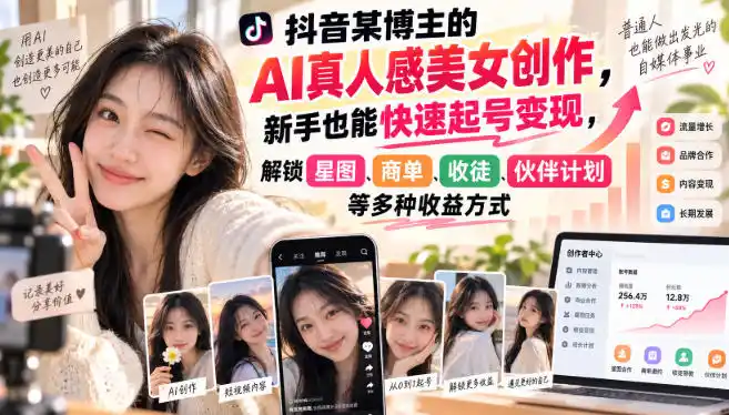 抖音某博主的AI真人感美女创作，新手也能快速起号变现，解锁星图，商单，收徒，伙伴计划等多种收益方式-资源分享