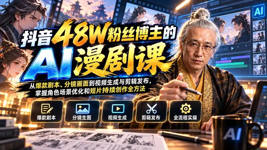 抖音48W粉丝博主的AI漫剧课：从爆款剧本、分镜画面到视频生成与剪辑发布，掌握角色场景优化和短片持续创作全方法-资源分享