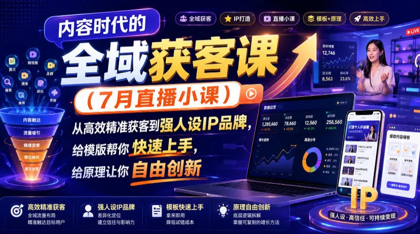 内容时代的全域获客课(7月直播小课)，从高效精准获客到强人设IP品牌，给模版帮你快速上手，给原理让你自由创新-资源分享