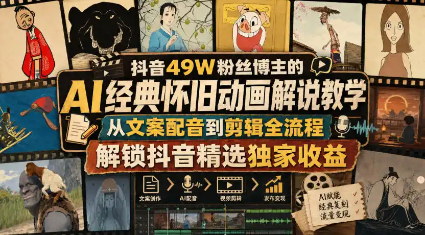 抖音49W粉丝博主的AI经典怀旧动画解说教学，从文案配音到剪辑全流程，解锁抖音精选独家收益-资源分享