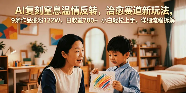 AI复刻窒息温情反转，治愈赛道新玩法，9条作品涨粉122W，日收益700+ 小白轻松上手，详细流程拆解-资源分享