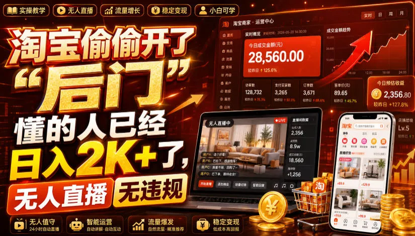 淘宝无人直播日入2K+：官方许可24小时营业，轻创方舟-资源分享