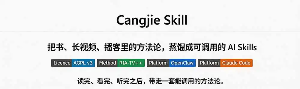 图片[1]-全网走红！GitHub上6.7K Star的开源项目，把任何书、长视频、播客蒸馏成AI工具，值得收藏 cangjie-skill-资源分享