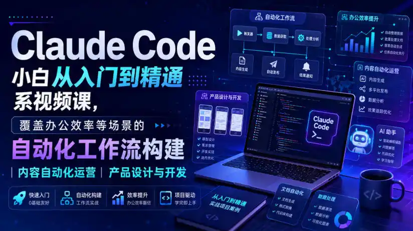 Claude Code小白从入门到精通系视频课，覆盖办公效率等场景的自动化工作流构建|内容自动化运营|产品设计与开发-资源分享