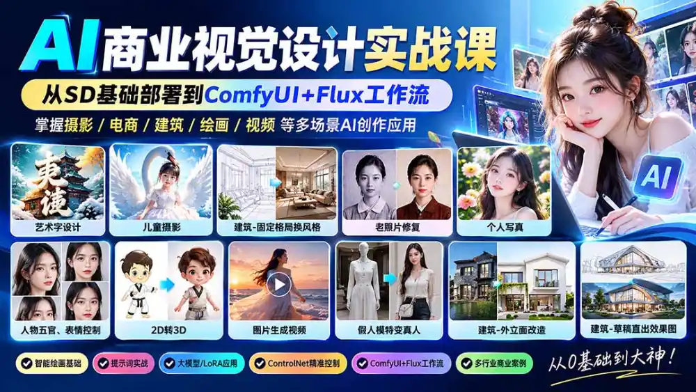 【无水印】AI商业视觉设计实战课：从SD基础部署到ComfyUI+Flux工作流，掌握摄影电商建筑AI创作-资源分享