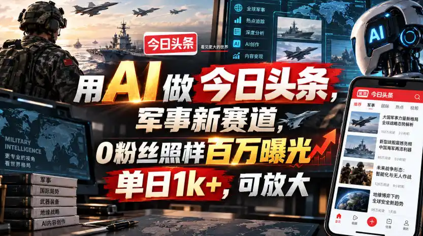 用AI做今日头条，军事新赛道，0粉丝照样百万曝光，单日1k+，可放大-资源分享