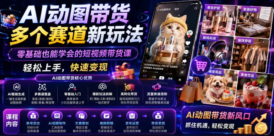 AI动图带货多个赛道新玩法，零基础也能学会的短视频带货课，轻松上手，快速变现-资源分享