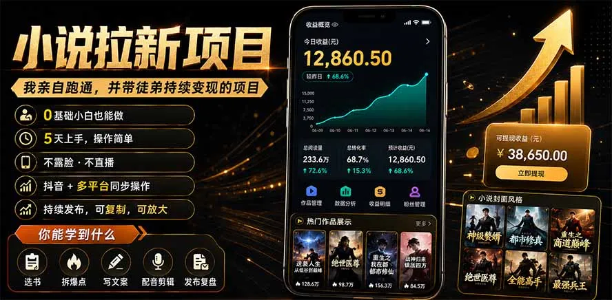 抖音及多平台小说拉新项目：我亲自跑通并持续带徒弟实操｜0基础小白5天上手快速变现-资源分享