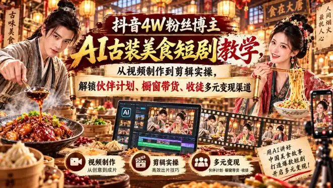 抖音4W粉丝博主AI古装美食短剧教学，从视频制作到剪辑实操，解锁伙伴计划、橱窗带货、收徒多元变现渠道-资源分享