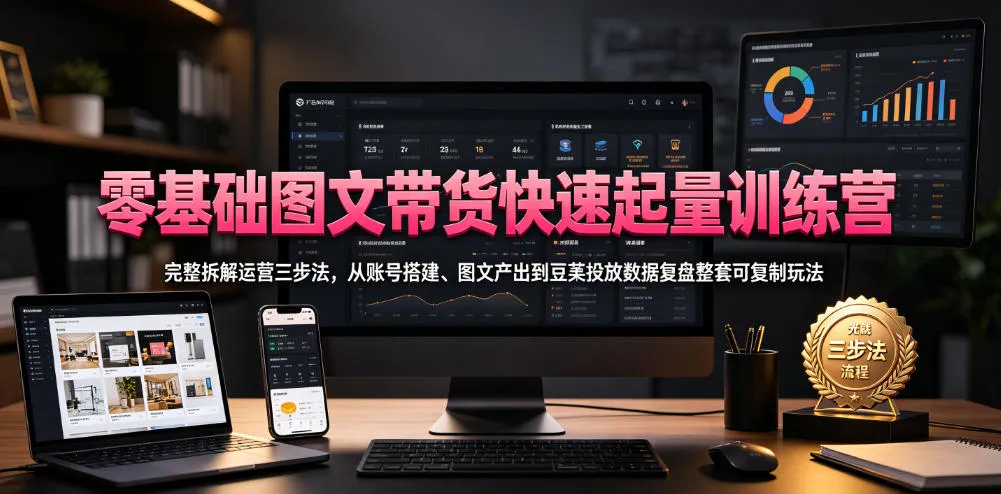 零基础图文带货快速起量训练营，完整拆解运营三步法，从账号搭建、图文产出到豆荚投放数据复盘整套可复制玩法-资源分享