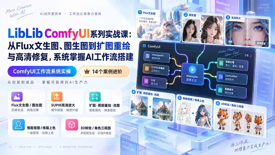 LibLib ComfyUI系列实战课：从Flux文生图、图生图到扩图重绘与高清修复，系统掌握AI工作流搭建-资源分享