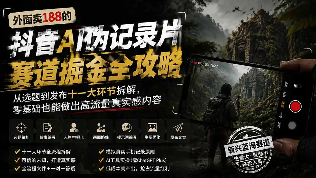 外面卖188的抖音AI伪记录片赛道掘金全攻略；从选题到发布十一大环节拆解，零基础也能做出高流量真实感内容-资源分享
