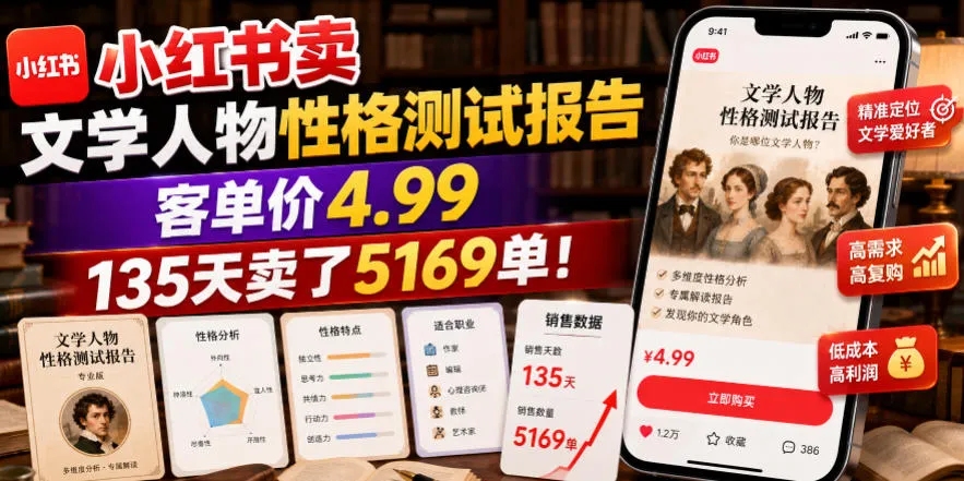 小红书卖文学人物性格测试报告，客单价4.99，135天卖了5169单！-资源分享