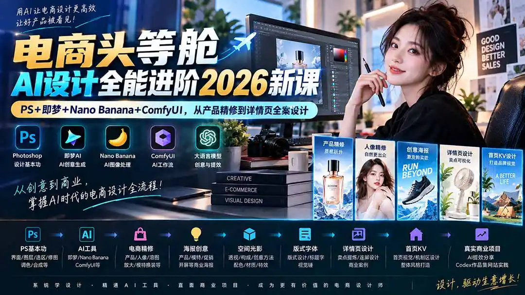 电商头等舱AI设计全能进阶2026新课：PS+即梦+Nano Banana+ComfyUI，从产品精修到详情页全案设计-资源分享