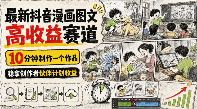 最新抖音漫画图文高收益赛道，10分钟制作一个作品，稳拿创作者伙伴计划收益-资源分享