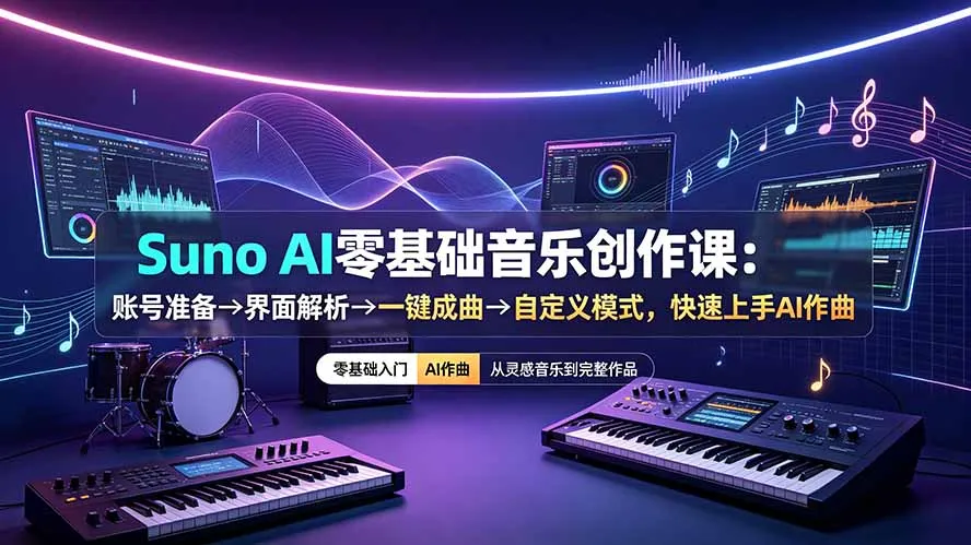 Suno AI零基础音乐创作课：账号准备→界面解析→一键成曲→自定义模式，快速上手AI作曲-资源分享